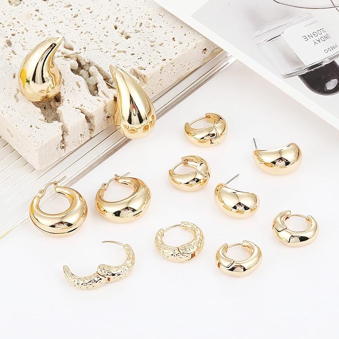 Wgoud 6 Pairs Gold Hoop Earrings Set for Women, 14K Gold Plated Hypoallergenic Lightweight Chunky Open Huggie Hoops Earrings Jewelry for Gifts.