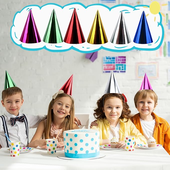 60 Pieces Paper Cone Party Hats Colorful Metallic Foil Birthday Cone Hats for Kids Adults Birthday New Year Party Supplies, 6 Colors