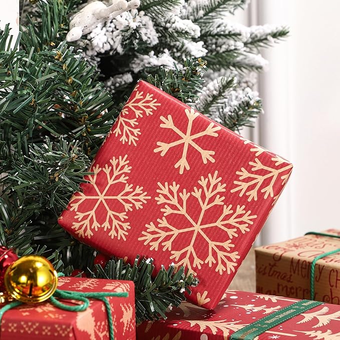 RUSPEPA Christmas Kraft Wrapping Paper Roll - Red Reindeer, Snowflake, Christmas Tree and Text Design - 17 inches x 10 feet per Roll, Total of 4 Rolls