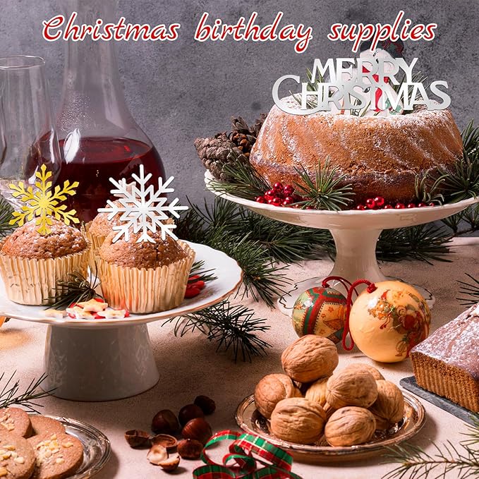 26 Pcs Snowflake Cupcake Toppers Acrylic Christmas Cupcake Toppers Mirror Frozen Cupcake Topper for Christmas Cake Decorations New Year Party Supplies