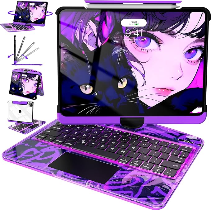 Intermerge for iPad 9th 10.2 inch Keyboard Case, 360° Transparent Multi-Touch Trackpad, 7-Color Backlit Keyboard, Pencil Holder, Type-C, Power Indicator for 9th/ 8th/ 7th - Neon Pulse