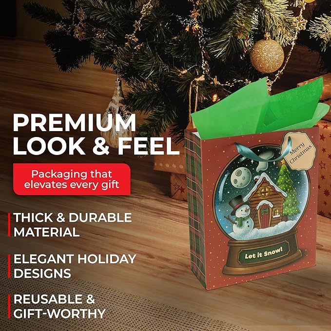 RACHELLE'S Snow Globe Christmas Gift Bags – Medium 13"x10"x4" (2-Pack) – Sturdy Paper Gift Bags with Tissue Paper, Tag and Handle – Let It Snow – Perfect for Christmas Holiday Gifting & Party Favors