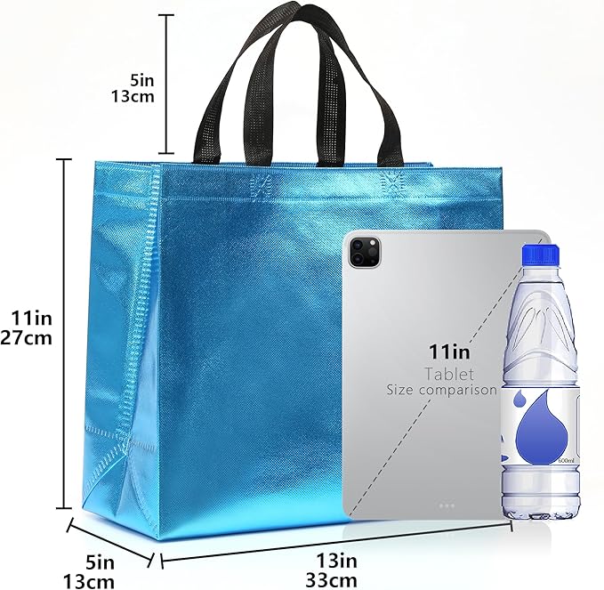 KeerxunBag 12Pcs Reusable Gift Bags（Includes Tissue Paper） Gift bag with handle Birthdays Parties Holidays Weddings Medium 13x5x11in cyan Bags