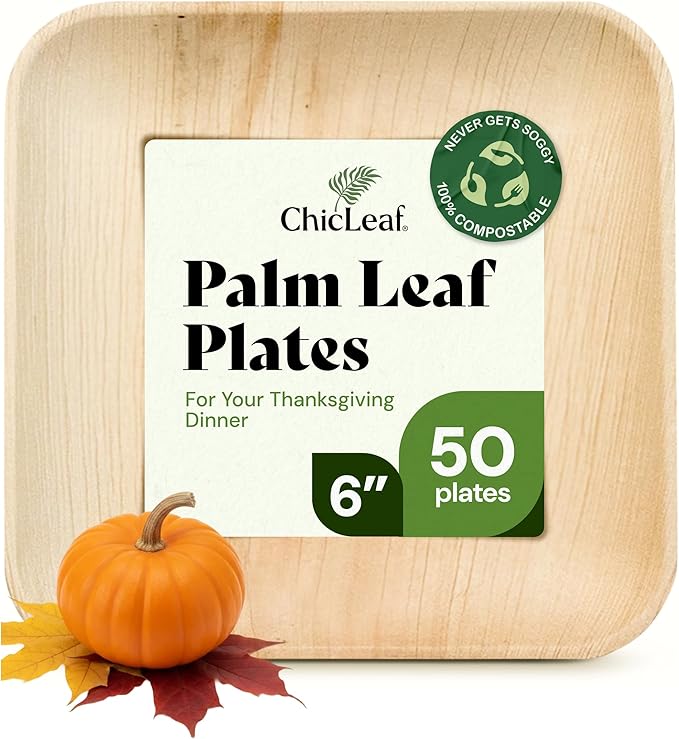 Chic Leaf Palm Leaf Compostable Plates - 6" Square, Pack of 50 - Disposable Dinnerware - Rustic Bamboo Appetizer Plates - Charcuterie Boards & Biodegradable Serviceware