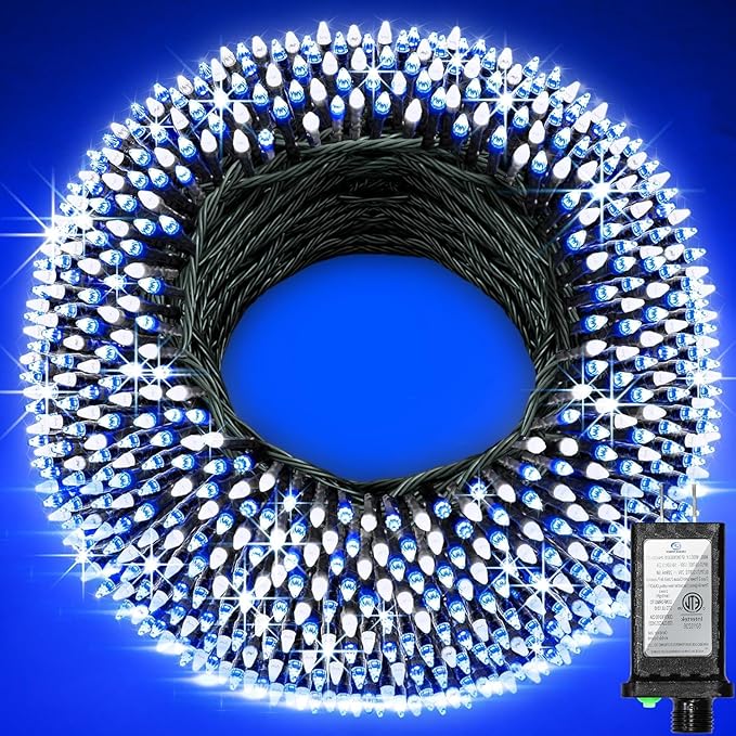 340 LED 90FT Christmas String Lights Outdoor, 12 Pro Modes and Timer Memory & Brightness, Plug in Waterproof Dark Green Wire Twinkle Light for for Xmas Yard Tree Wedding Party Decor (Blue & White)