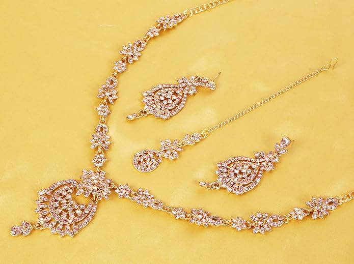 Touchstone Indian jewelry sets for women maang tikka wedding guest gold necklace bollywood jewellery set pageant elegant prom bride accessories western crystal chunky rhinestone necklaces