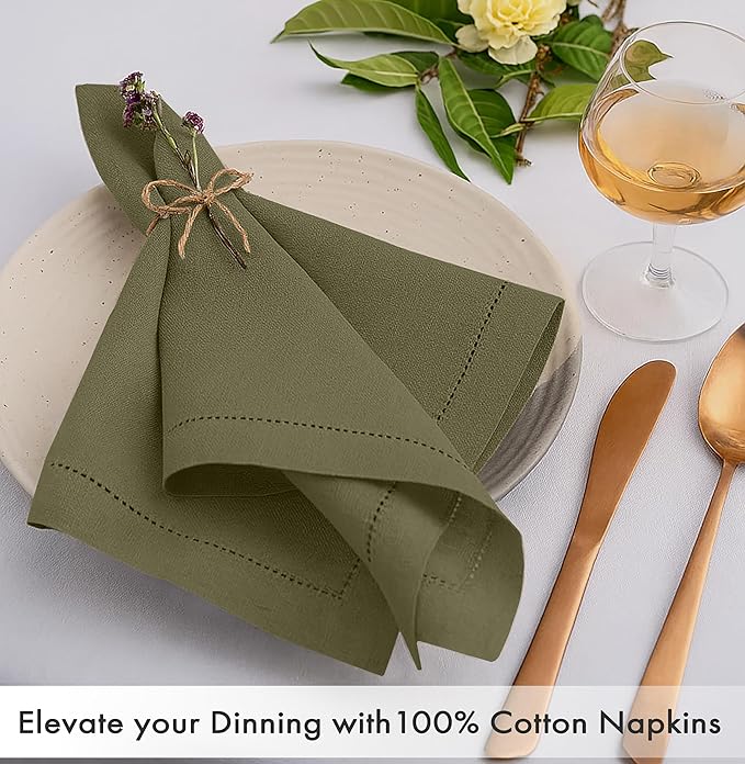 Ruvanti Cloth Napkins - 100% Cotton Dinner Napkins, Hem Stitched Corners, 18x18 Inch, 12 Pack - Soft, Absorbent, Durable, Reusable, Wrinkle Resistant for Formal Dining & Everyday Use - Capulet Olive