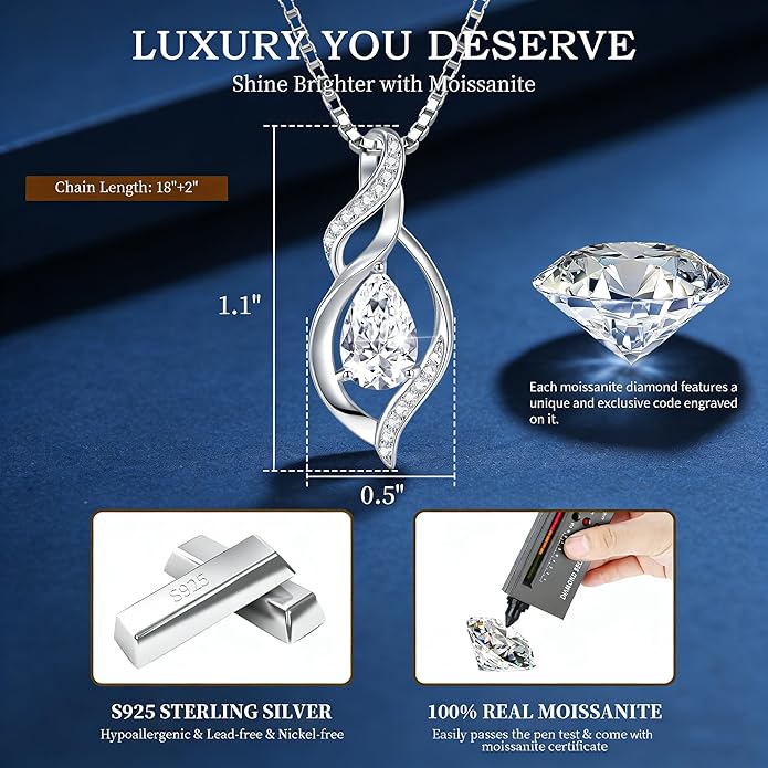 Gorgeous Moissanite Necklaces for Women - Valentine's Day Gifts for Wife Girlfriend, 925 Sterling Silver 1-3CT Moissanite Pendant Jewelry, Wedding Anniversary Birthday Christmas for Mom
