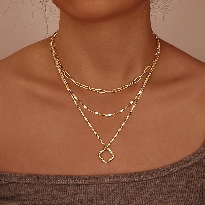 3Pcs Layered Necklace for Women Stackable Necklaces Silver Rosegold Gold Plated Chain Dainty Set Gifts Circle Pendant Paperclip Chain Choker Necklaces Trendy Personalized Jewelry Set Gifts for Women