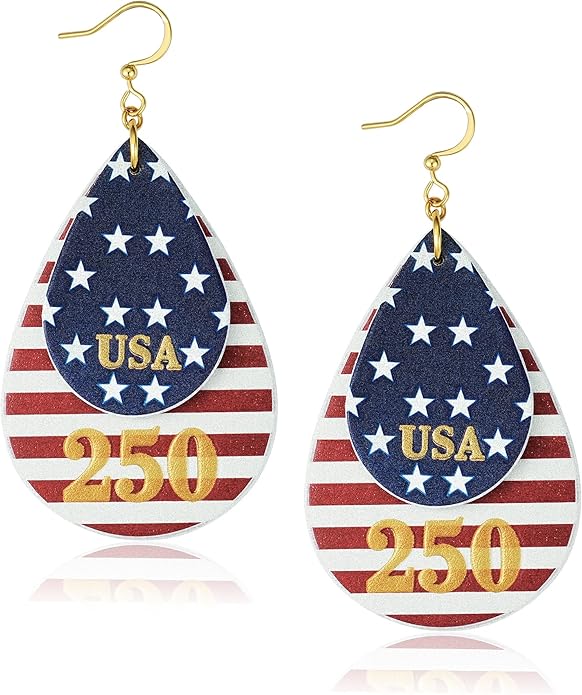 Gold Dangle Earrings for Women - American Flag Teardrop Earrings for 4th of July, Patriotic Independence Memorial Veterans Day Leather Cute Lightweight Fashion Jewelry USA 250th Celebration Gifts