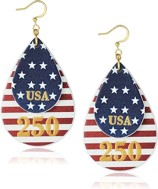 Gold Dangle Earrings for Women - American Flag Teardrop Earrings for 4th of July, Patriotic Independence Memorial Veterans Day Leather Cute Lightweight Fashion Jewelry USA 250th Celebration Gifts