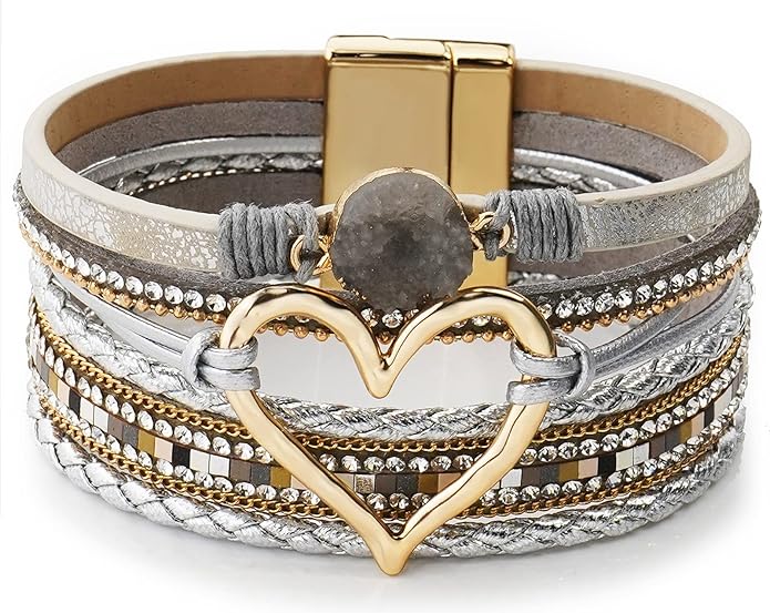 Suyi Multilayer Leather Wrap Bracelet Heart-Shape Wide Cuff Bracelets for Women