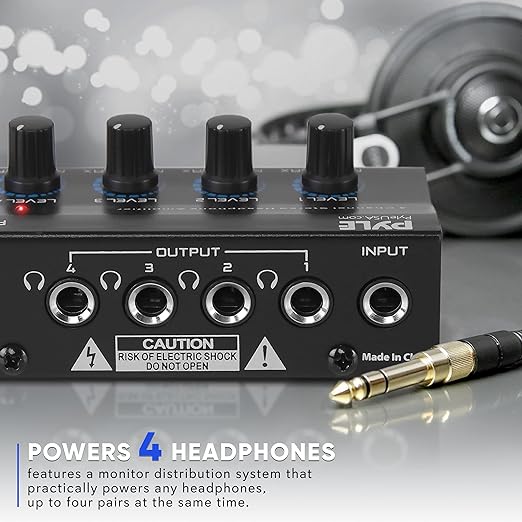 Pyle 4-Channel Portable Stereo Headphone Amplifier - Professional Multi Channel Mini Earphone Splitter Amp w/ 4 ¼” Balanced TRS Headphones Output Jack and 1/4" TRS Audio Input For Sound Mixer