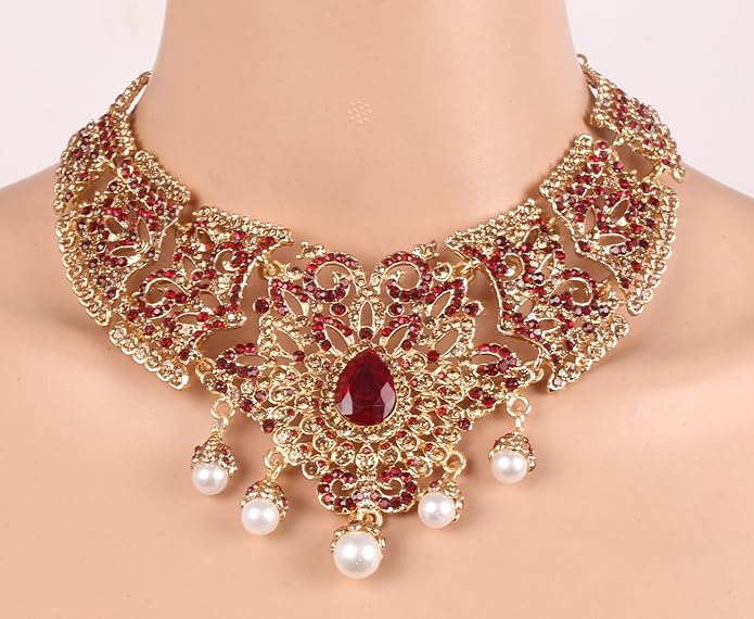 Touchstone Indian jewelry sets for women tikka wedding necklace costume guest statement bollywood rhinestones crystal faux pearls gold big royal neck piece set bridal fashion accessories