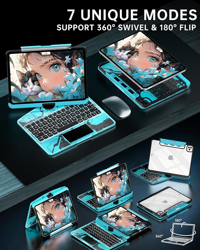 Intermerge Clear Keyboard Case for iPad Pro 13" (M4) 2024 Only, 360° Swivel Multi-Touch Trackpad, 7-Color RGB Backlit, Pencil Holder, Type-C, Power Indicator, Aqua Pulse