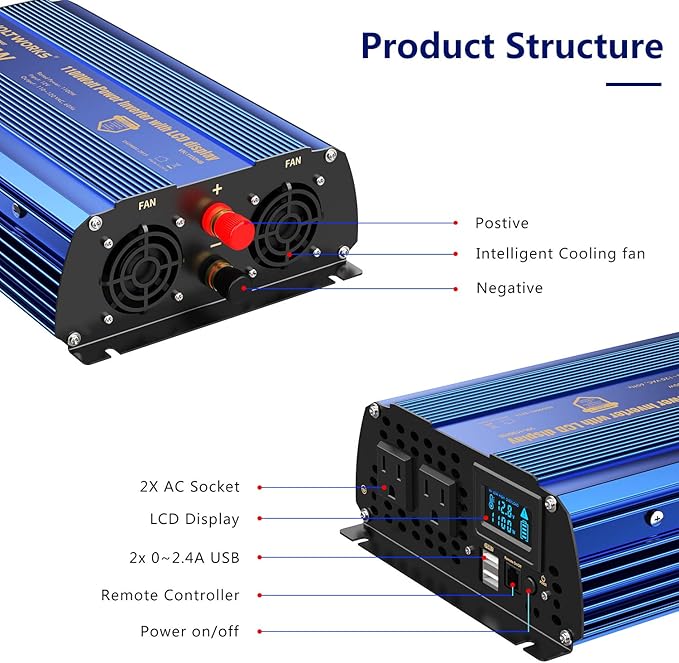 Power Inverter 1100 watt 12V DC to 110V 120V AC 1000w Inverter with LCD Display Remote Control 2AC Outlets Dual 2.4A USB Ports Compatible with Lithium Battery for Car RV Truck Boat by VOLTWORKS