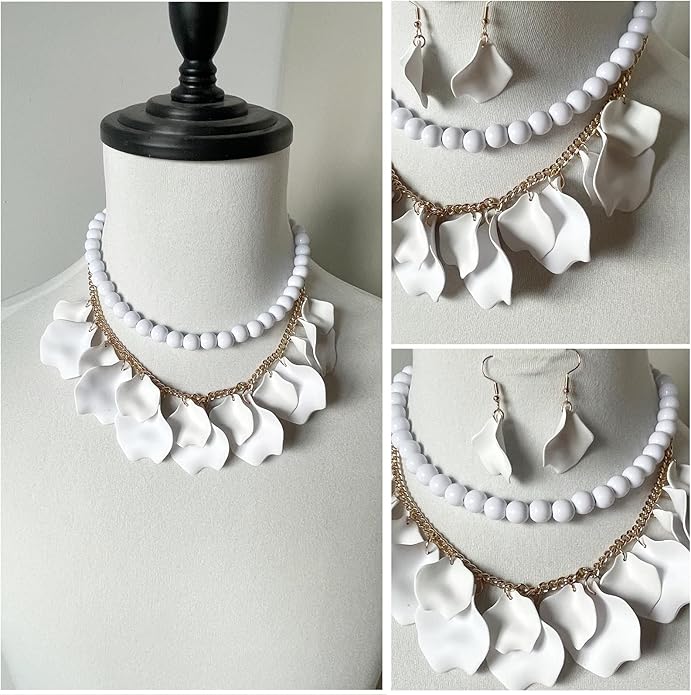 Flower Petal Necklace Earrings Set Layered Statement Beaded Jewelry Set for Women Summer Necklace Earrings