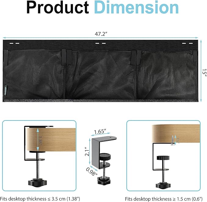 No Drill Under Desk Cable Management and Privacy Panel 2 in 1 | Modesty Panel with Cord Organizer |Felt Standing Desk Back Skirt for Office,Home(47.2")