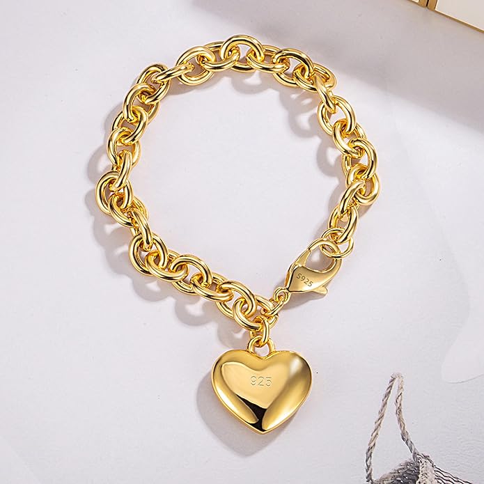 Dankadi Women 925 Sterling Silver Round Cable Wire Link Bracelet Charm Heart-Bell-Square-Circle Pendant Chain Bangle Fine Jewelry Gift For Wife Her