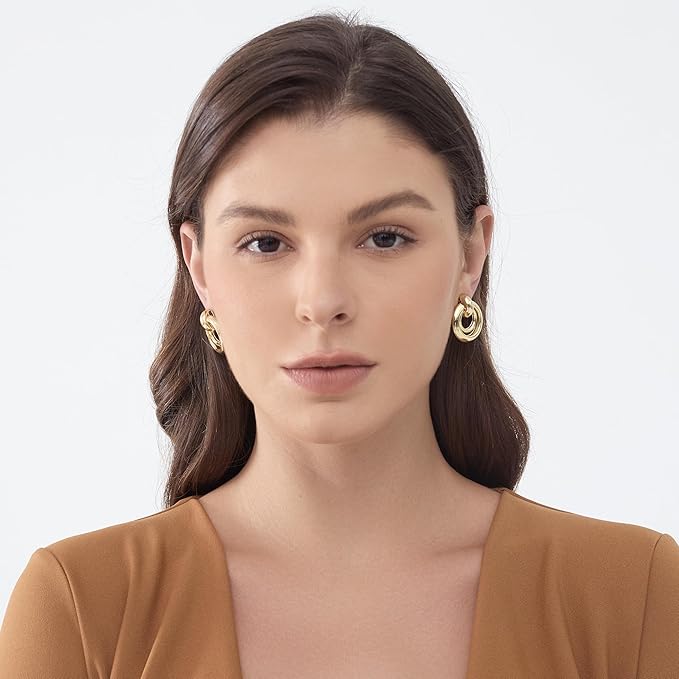 Chunky Knot Link Circle Statement Earrings, Gold-Plated, Drop Dangle Studs