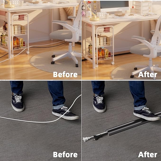 9.8ft Floor Cord Cover, Silicone Wire Hider, Hide Extension Cords, Protect Cords, Prevent Cable Trips, Heavy-Duty Adhesive-Backed Anti-Trip Cable Protector for Floor, Desk & Wall