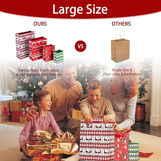 24 PCS Christmas Bags for Wrapping Holiday Gifts,Hot Stamping Foil Festival Bag Bulk Set with Snowman, Reindeer,Christmas Stocking/Cane/Tree, Snowflake, Gin Design - 6 X-Large,6 Large,6 Medium,6 Small
