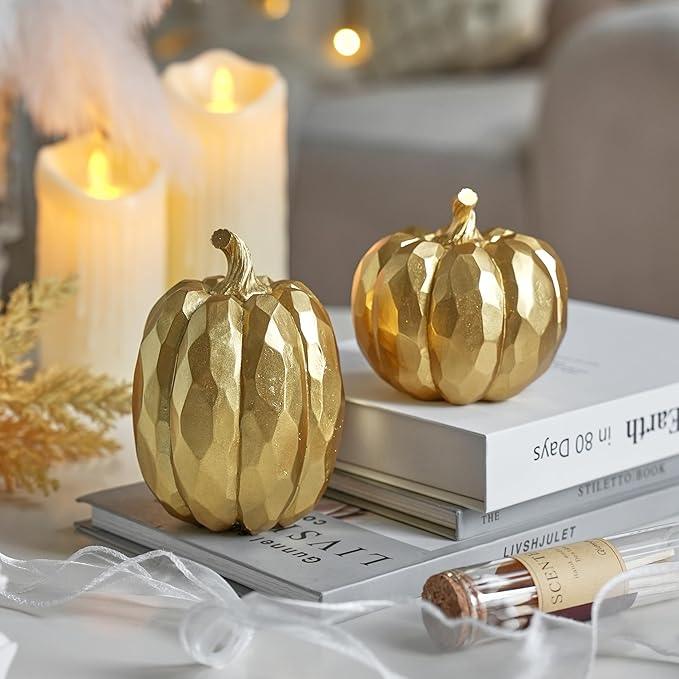Pumpkin Decor Fall Decoration, Gold Pumpkins for Decorating, 2Pcs Resin Artificial Pumpkin Figurine Mantel Decor, Thanksgiving Autumn Harvest,Wedding