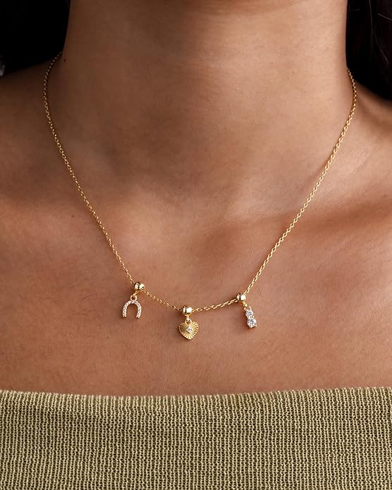 PAVOI 14K Gold Plated Dainty Necklace with Charms Set - Hypoallergenic Adjustable Chain Gold Charm Necklace for Women - Small Motif & Mantra 2 and 3-Pack Removable Pendants - Cute Jewelry Gifts