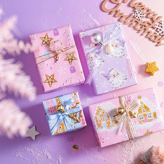 WRAPAHOLIC 30 Inch Christmas Wrapping Paper Roll - Jumbo Roll Pastel Pink Purple Gingerbread House and Santa Claus Design with Embossed - 4 Rolls - 30 Inch x 120 Inch Per Roll