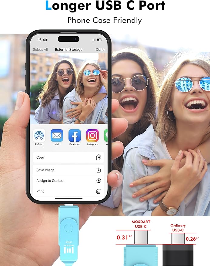 MOSDART 256GB USB3.1 Fast Speed C and A Dual Flash Drive, exFAT Memory Stick with Keychain and LED Indicator, for iPhone 15 and 16, Android Phone, iPad, MacBook, and Other Laptops, Sky Blue