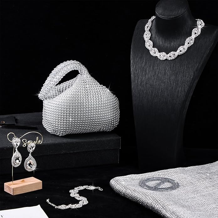 Hicarer 5 Pcs Dressy Jewelry Sets, Silver Shawls and Wraps, Clutch Purse for Homecoming Prom Evening Women Formal