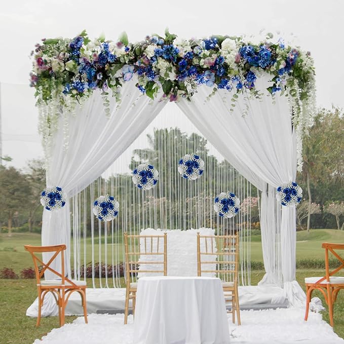 BLOSMON Fake Flowers Ball Wedding Centerpieces 10 Pcs Royal Blue Rose Babys Breath Artificial Flowers Center Pieces Decoration for Table Faux Silk Floral Bouquet Arrangements for Home Party DIY Decor