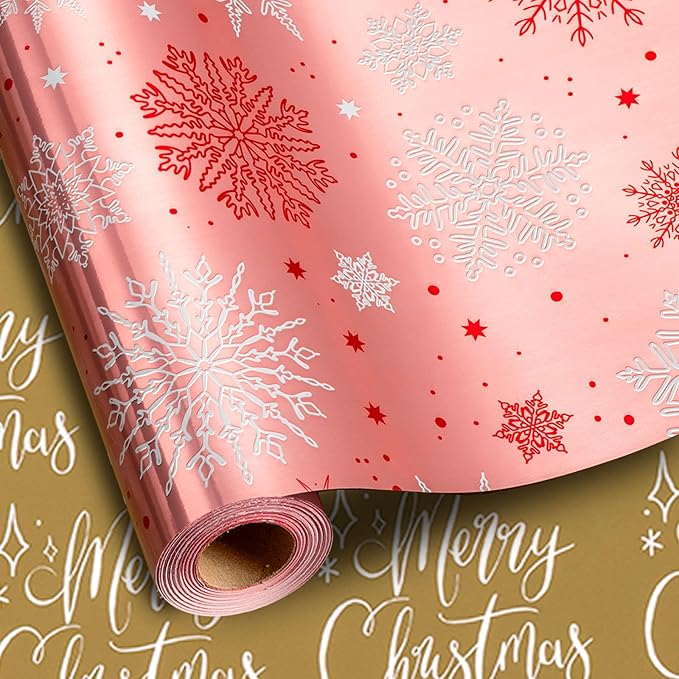 MAYPLUSS Pink Christmas Wrapping Paper Roll - 17IN X 33FT - Christmas Gift Wrapping Paper Featuring White Snowflake Reversible Gold for Kids, Holiday, New Year