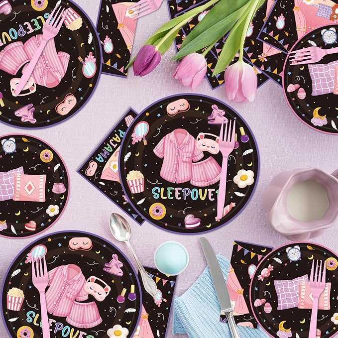 96PCS Sleepover Plates and Napkins Party Supplies Pajama Party Decorations Sleepover Party Supplies for Girls Slumber Themed Disposable Tableware Set Serve 24 Guests