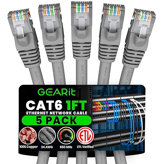 GEARit Cat 6 Ethernet Cable (5-Pack 1 Foot) Cat6 Network Patch, 10Gbps, RJ45, Snagless Cord, Gold-Plated Connectors, Internet for PC, TV, Tablet, Router, Printer, Servers, IT Data Center - Gray