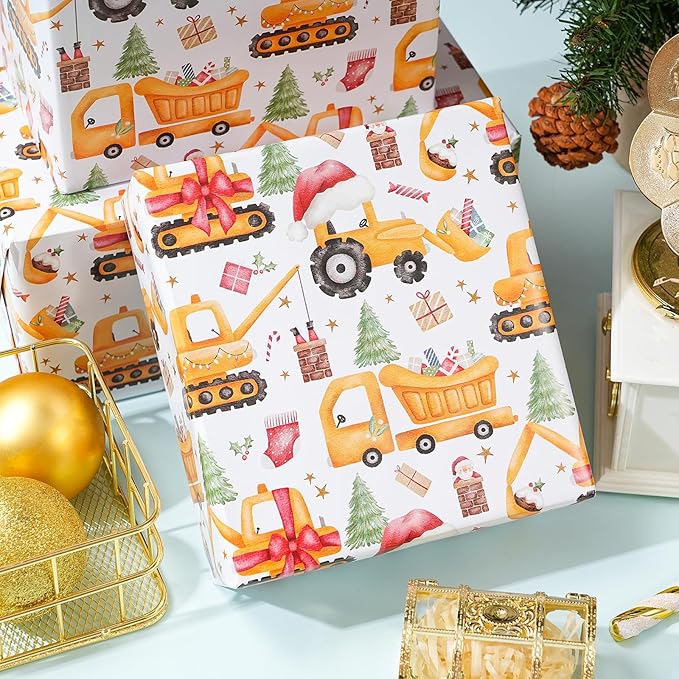 PlandRichW Construction Christmas Wrapping Paper - Cute santa with Hat Trucks, Cranes, Excavators & Xmas Trees - 40×28 Inch Xmas Gift Wrap, 4 Folded Sheets for Kids & Adults