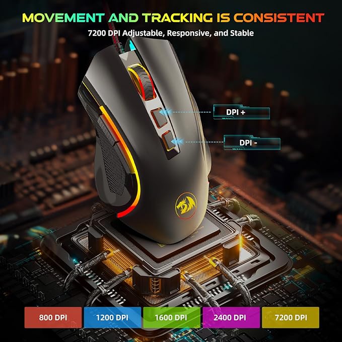 Redragon M602 Gaming Mouse, Ergonomic RGB Gaming Mouse Wired with 7200 Adjustable DPI, 9 Programmable Buttons, Professional Software for Gamer Office [Black]