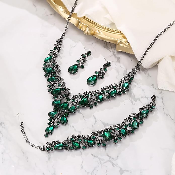 BriLove Women's Wedding Bridal Austrian Crystal Teardrop Flower Cluster Statement Necklace Dangle Earrings Jewelry Set for Party Prom