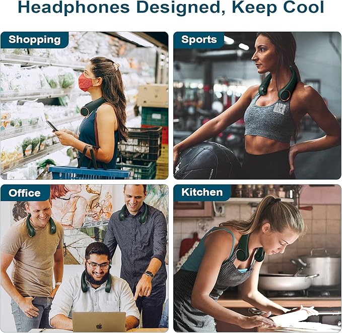 CIVPOWER Neck Fan: Portable Personal Neck Cooling Rechargeable Bladeless Fan - Hands Free 3 Speed 4000 mAh Battery USB Operated Wearable Headphone Design - for Men Women Outdoor Indoor (Dark Green)