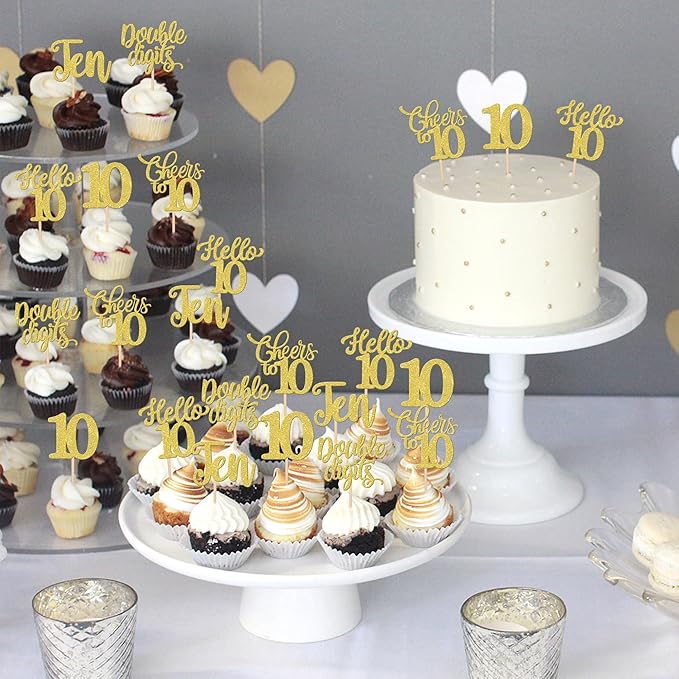 30PCS Happy 10th Birthday Cupcake Toppers Glitter Ten Double Digits Hello 10 Cupcake Picks Cheers to 10 Birthday Decorations for 10th Birthday Anniversary Party Cake Decorations Supplier Gold