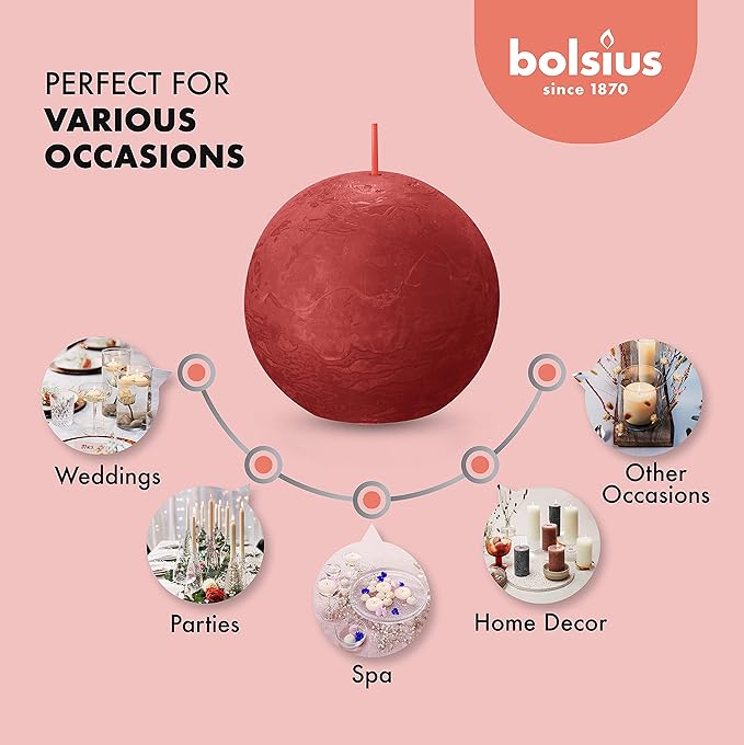BOLSIUS 3 Pack Delicate Red Rustic Ball Pillar Candles - 3 Inch - Premium European Quality - Includes Natural Plant-Based Wax - Unscented Dripless Smokeless 25 Hour Party Décor and Wedding Candles