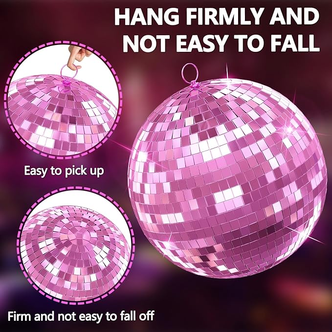 12"/16"/20" Mirror Disco Ball with Hanging Ring, for DJ Club, Party,Live Stage for Easy Installation, Disco Ball Mirror Balls Light Effect Mirrors Balls with Hanging Ring(Golden, Pink) 16inch Pink