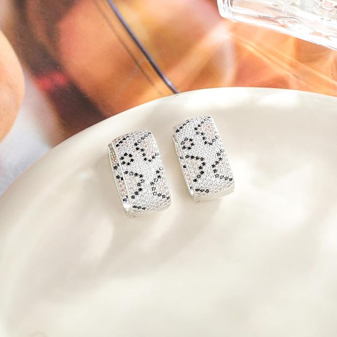 Rose Gold Hoop Earrings for Women, 925 Silver-Plated Thickened Hypoallergenic Earrings, CZ Black Gemstone-Inlaid Earrings - Women's Fashion Jewelry