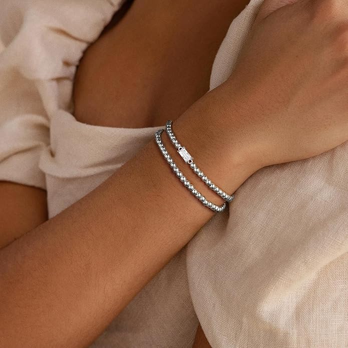 Ursteel Valentines Gifts for Her Kids Girls, Elastic Birthstone Bracelet for Women 14K-Gold-Plated Beaded Bracelet Non Tarnish Trendy Birthstone Jewelry Birthday Gifts for Women