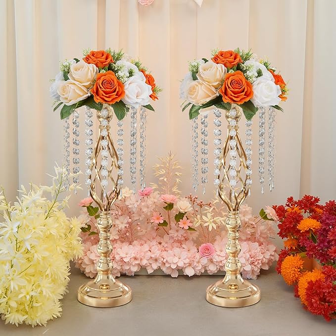 10Pcs 21.5 Inch Gold Wedding Centerpieces Vase Tall Crystal Flowers Stand for Table Elegant Metal Flower Arrangement Vases for Reception Road Lead Birthday Party Anniversary Home Decorations