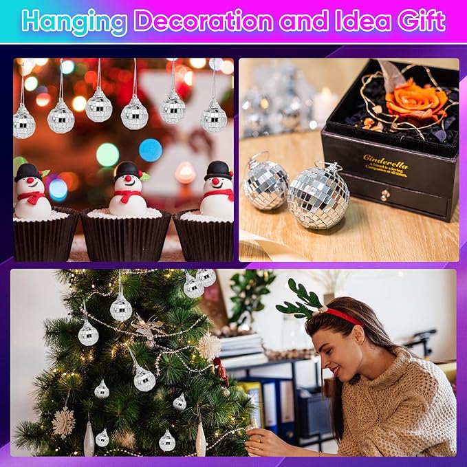 Mini Mirror Disco Ball Ornaments: Hanging Disco Ball Silver Party Decorations Set 60 Pack - Small Mirror Balls Decor for Wedding Christmas Birthday Cake Topper (1.2 Inch)