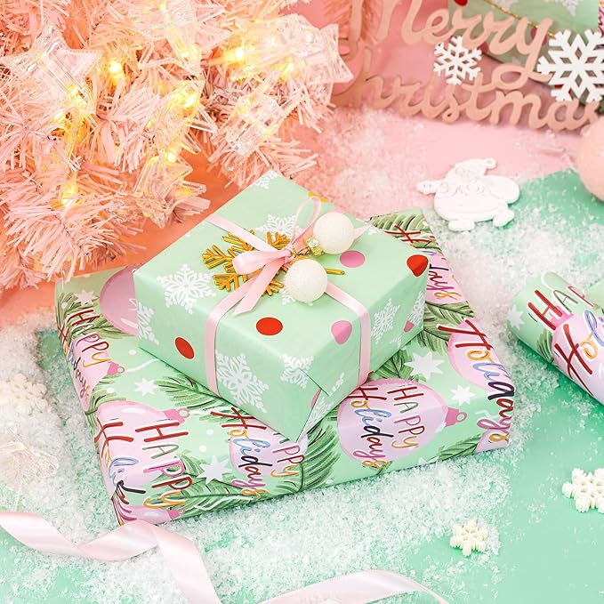 WRAPAHOLIC 30 Inch Jumbo Reversible Christmas Wrapping Paper - 30 Inch x 100 Feet Jumbo Roll Happy Holiday Lettering with Christmas Ball Design for Holiday, Party Celebration