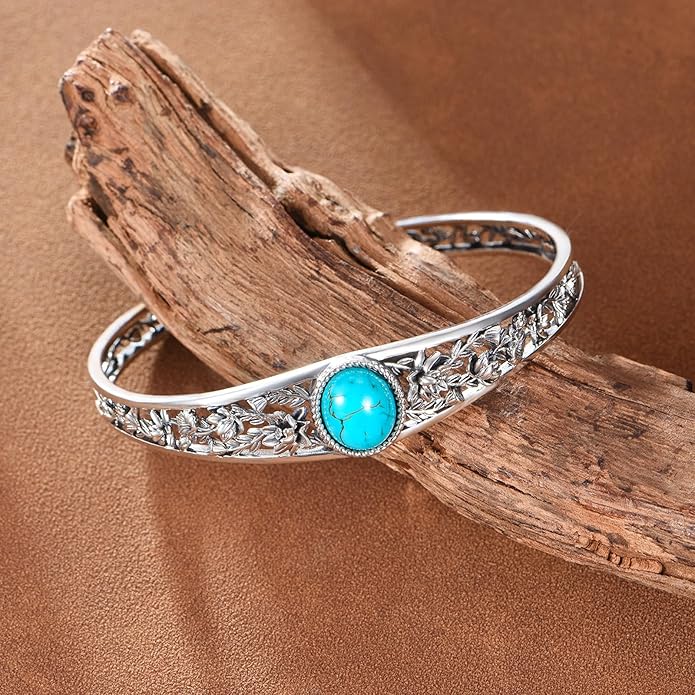 Genuine Turquoise Cuff Bracelet for Women, Sterling Silver Western Vintage Floral Bangle Native American Jewelry, For 6.5-7.5 Inch Wrists