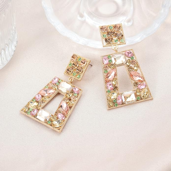 Rhinestone Rectangle Statement Earrings Colorful Crystal Geometric Drop Dangle Earrings for Women Prom Party