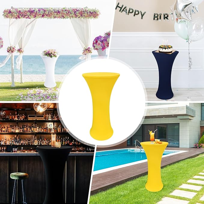 2PCS 24x43 Inch Round Fitted Cocktail Table Cover Yellow Spandex Cocktail Table Cloth Highboy Fitted Tablecloth High Top Table Cloths for Party Pub Banquet Bistro